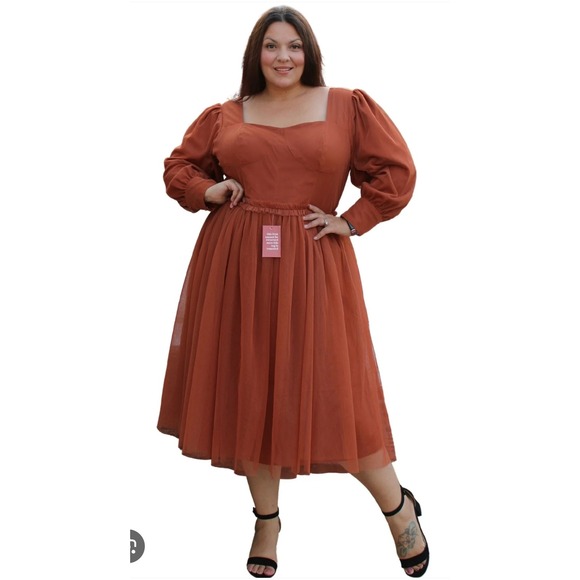 Ivy City Rust Orange Tulle Square Neck Puff Sleeve Midi Dress Plus‎ Size 2X